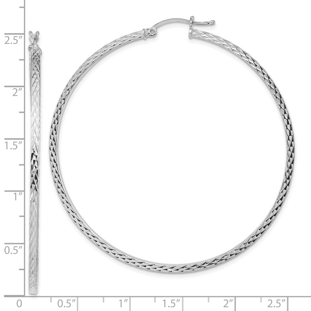 QE8118 Sterling Silver Rhodium-plated Diamond-cut 2x60mm Square Tube Hoop Earrings