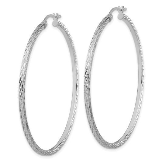 QE8119 Sterling Silver Rhodium-plated Diamond-cut 2x55mm Square Tube Hoop Earrings