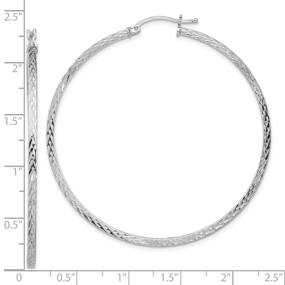 QE8119 Sterling Silver Rhodium-plated Diamond-cut 2x55mm Square Tube Hoop Earrings