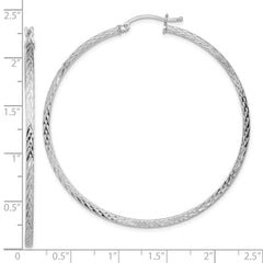 QE8119 Sterling Silver Rhodium-plated Diamond-cut 2x55mm Square Tube Hoop Earrings