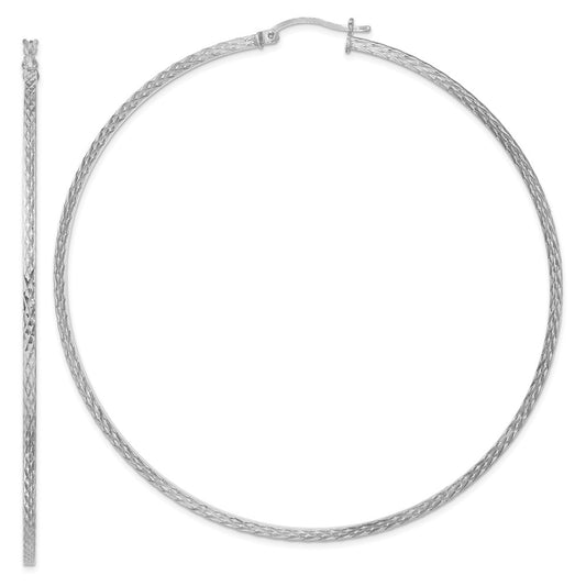 QE8122 Sterling Silver Rhodium-plated Diamond-cut 2x80mm Square Tube Hoop Earrings