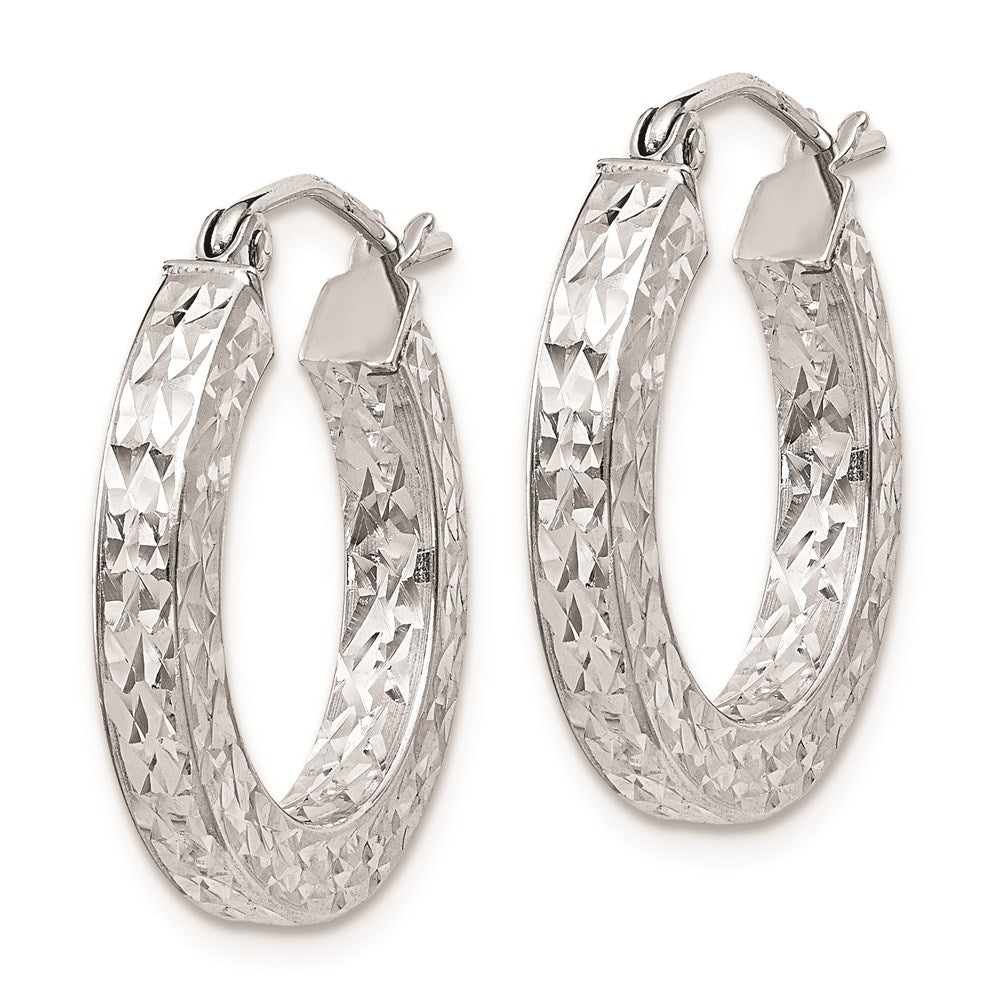 QE8133 Sterling Silver Rhodium-plated Diamond-cut 3x20mm Square Tube Hoop Earrings