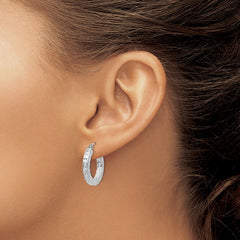 QE8133 Sterling Silver Rhodium-plated Diamond-cut 3x20mm Square Tube Hoop Earrings