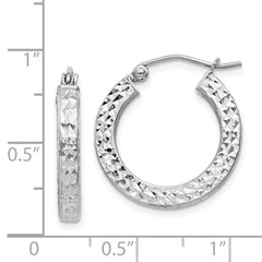 QE8133 Sterling Silver Rhodium-plated Diamond-cut 3x20mm Square Tube Hoop Earrings