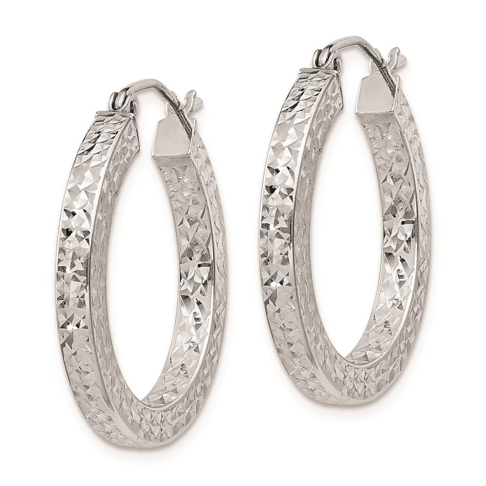 QE8134 Sterling Silver Rhodium-plated Diamond-cut 3x25mm Square Tube Hoop Earrings