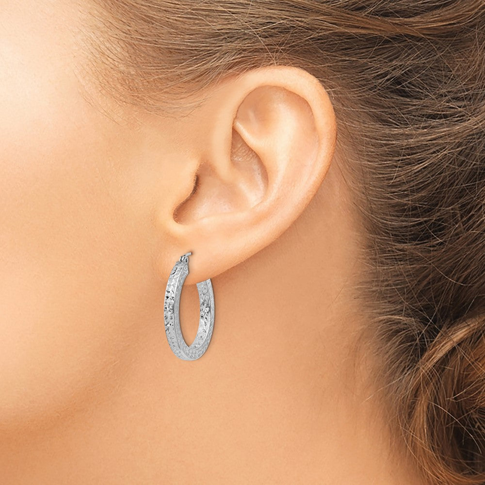 QE8134 Sterling Silver Rhodium-plated Diamond-cut 3x25mm Square Tube Hoop Earrings
