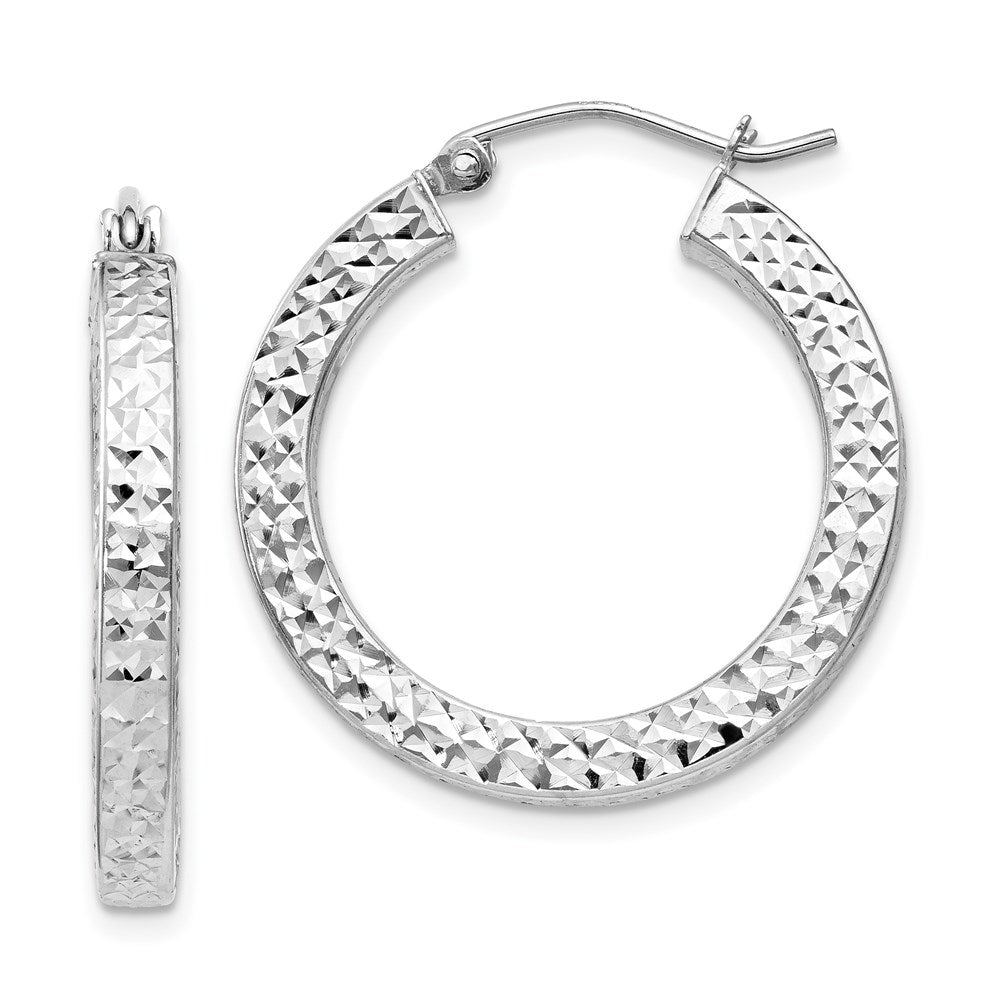 QE8134 Sterling Silver Rhodium-plated Diamond-cut 3x25mm Square Tube Hoop Earrings