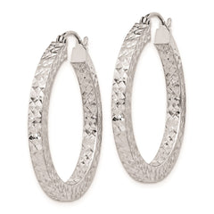 QE8135 Sterling Silver Rhodium-plated Diamond-cut 3x30mm Square Tube Hoop Earrings