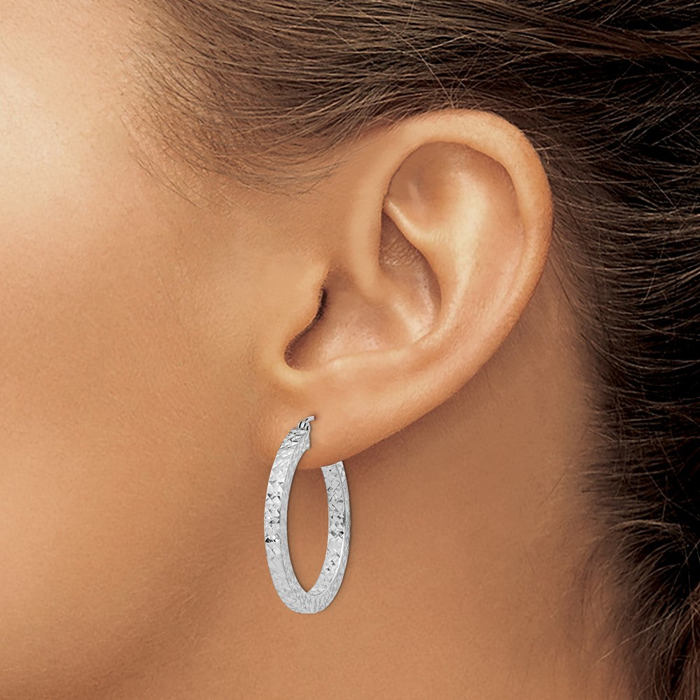 QE8135 Sterling Silver Rhodium-plated Diamond-cut 3x30mm Square Tube Hoop Earrings