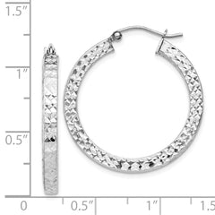 QE8135 Sterling Silver Rhodium-plated Diamond-cut 3x30mm Square Tube Hoop Earrings