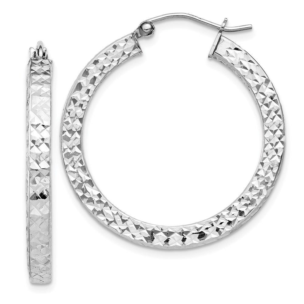 QE8135 Sterling Silver Rhodium-plated Diamond-cut 3x30mm Square Tube Hoop Earrings