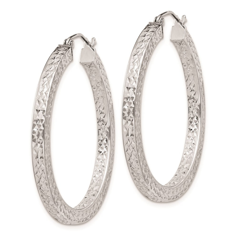 QE8136 Sterling Silver Rhodium-plated Diamond-cut 3x35mm Square Tube Hoop Earrings