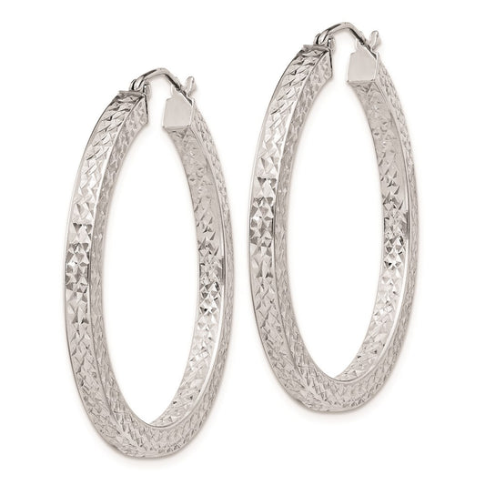QE8136 Sterling Silver Rhodium-plated Diamond-cut 3x35mm Square Tube Hoop Earrings