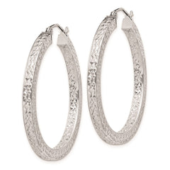 QE8136 Sterling Silver Rhodium-plated Diamond-cut 3x35mm Square Tube Hoop Earrings