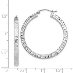 QE8136 Sterling Silver Rhodium-plated Diamond-cut 3x35mm Square Tube Hoop Earrings
