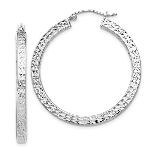 QE8136 Sterling Silver Rhodium-plated Diamond-cut 3x35mm Square Tube Hoop Earrings