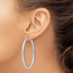 QE8139 Sterling Silver Rhodium-plated Diamond-cut 3x50mm Square Tube Hoop Earrings