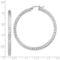 QE8139 Sterling Silver Rhodium-plated Diamond-cut 3x50mm Square Tube Hoop Earrings