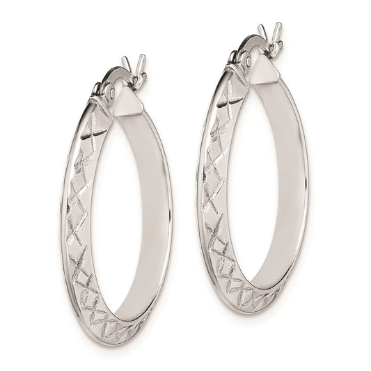 QE8211 Sterling Silver RH-plated D/C Knife Edge 3mm Round Hoop Earrings