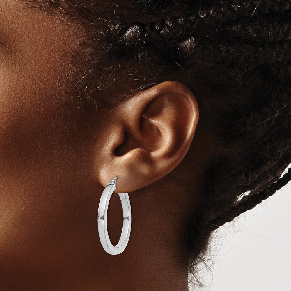 QE825 Sterling Silver Rhodium-plated 3x30mm Square Tube Hoop Earrings