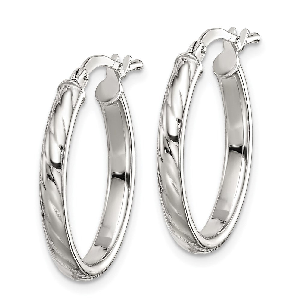 QE8257 Sterling Silver Rhod-plated Textured 3mm Hollow Oval Hoop Earrings