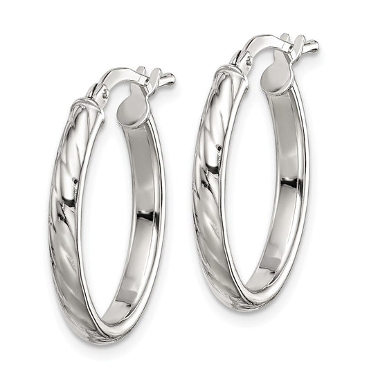 QE8257 Sterling Silver Rhod-plated Textured 3mm Hollow Oval Hoop Earrings