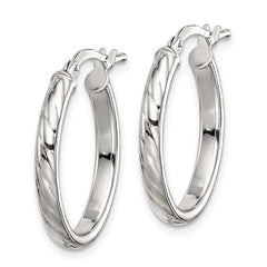 QE8257 Sterling Silver Rhod-plated Textured 3mm Hollow Oval Hoop Earrings