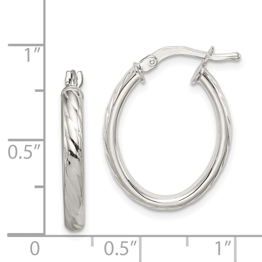 QE8257 Sterling Silver Rhod-plated Textured 3mm Hollow Oval Hoop Earrings