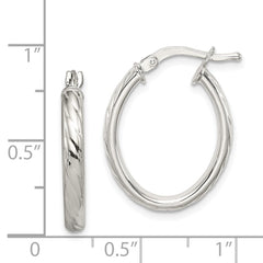 QE8257 Sterling Silver Rhod-plated Textured 3mm Hollow Oval Hoop Earrings