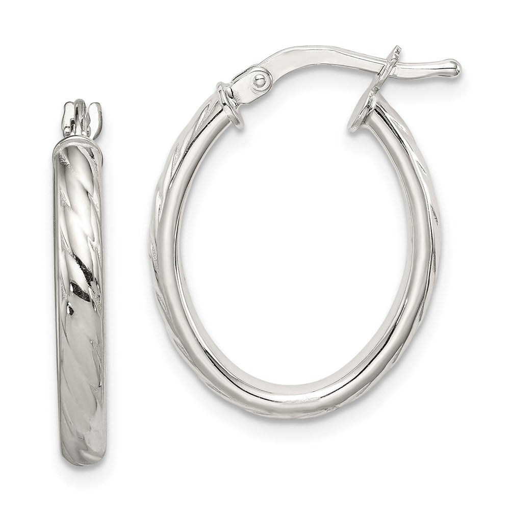 QE8257 Sterling Silver Rhod-plated Textured 3mm Hollow Oval Hoop Earrings