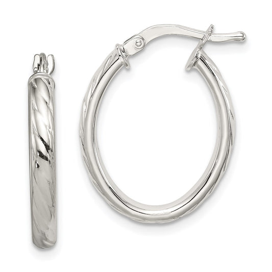 QE8257 Sterling Silver Rhod-plated Textured 3mm Hollow Oval Hoop Earrings