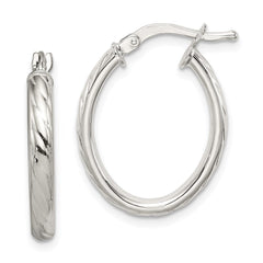 QE8257 Sterling Silver Rhod-plated Textured 3mm Hollow Oval Hoop Earrings