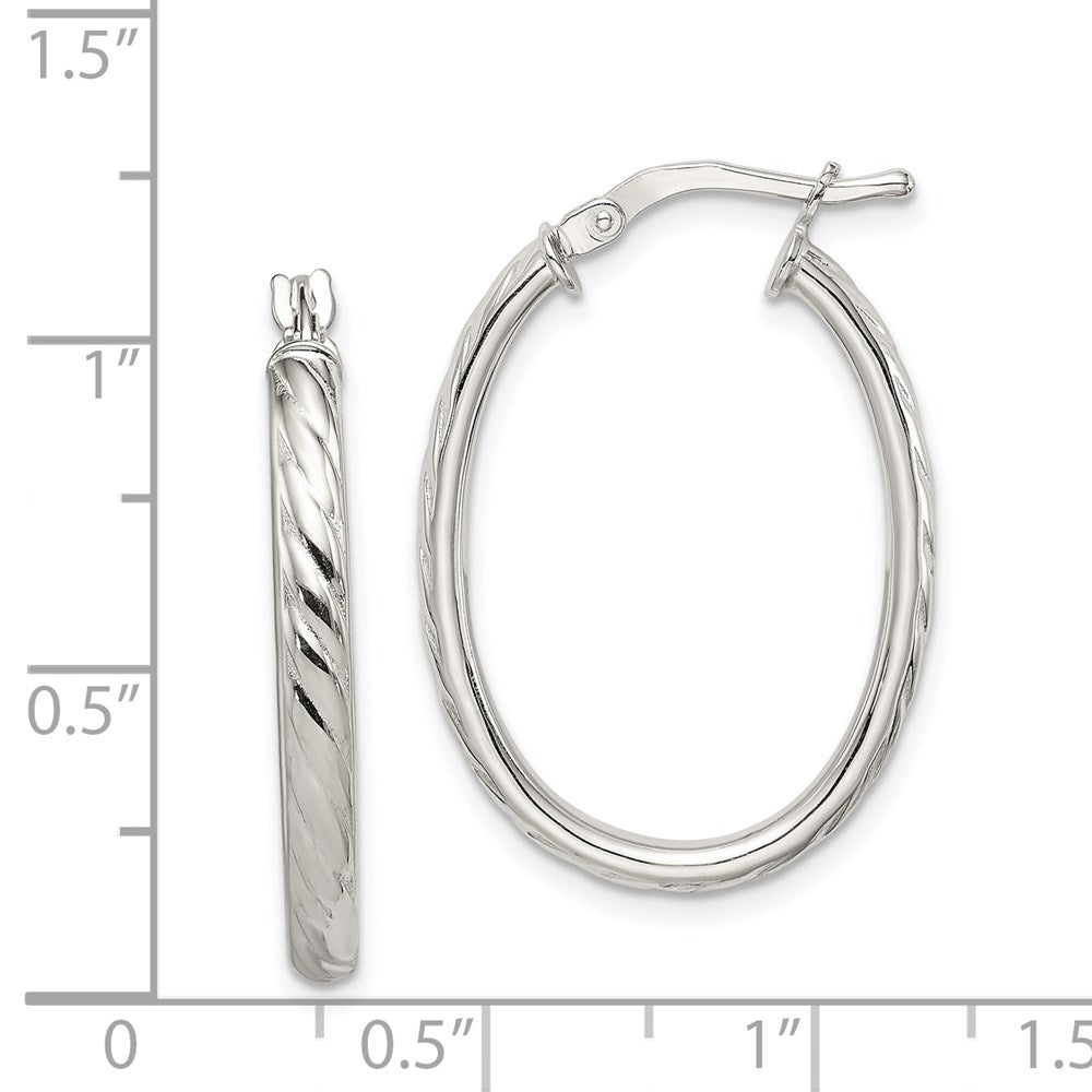 QE8258 Sterling Silver Rhod-plated Textured 3mm Hollow Oval Hoop Earrings