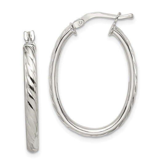 QE8258 Sterling Silver Rhod-plated Textured 3mm Hollow Oval Hoop Earrings