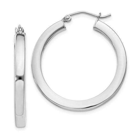 QE825 Sterling Silver Rhodium-plated 3x30mm Square Tube Hoop Earrings