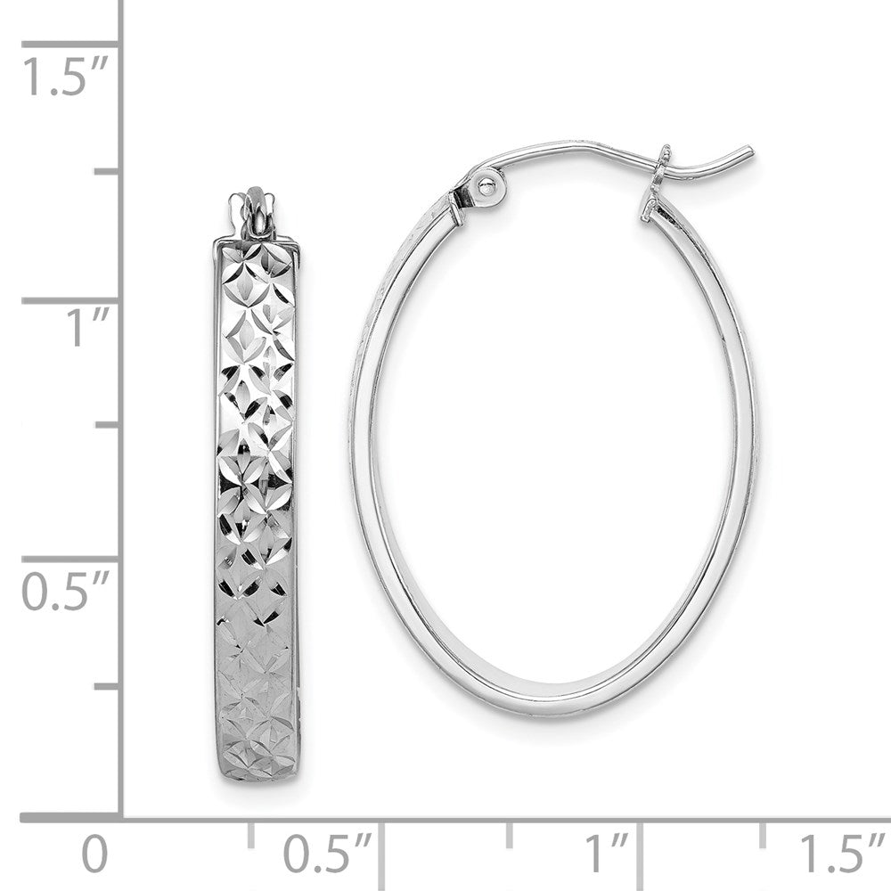 QE8263 Sterling Silver Rhodium-plated Diamond-cut 4mm Oval Hoop Earrings