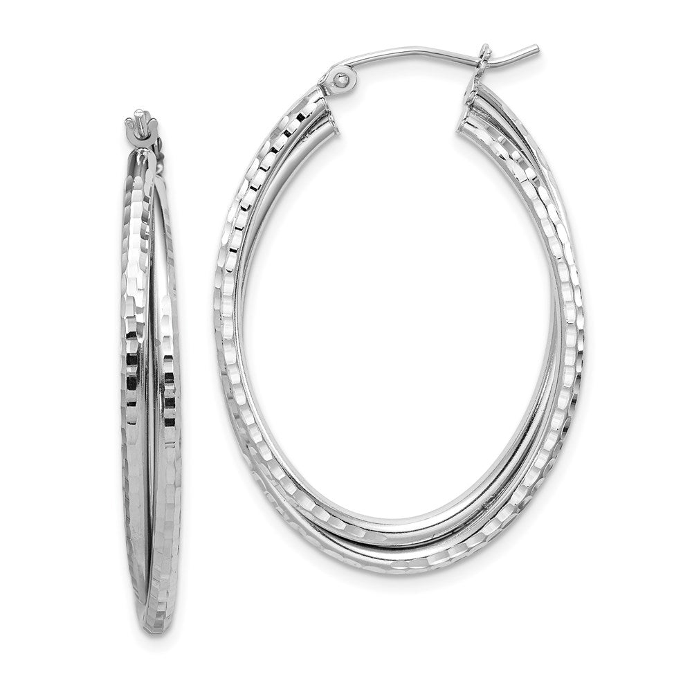 QE8266 Sterling Silver Rhodium Plated Textured Double Oval Hoop Earrings