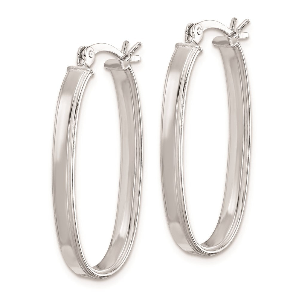 QE8274 Sterling Silver Rhodium-plated Beveled Edge 4mm Oval Hoop Earrings
