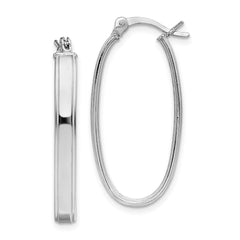 QE8274 Sterling Silver Rhodium-plated Beveled Edge 4mm Oval Hoop Earrings
