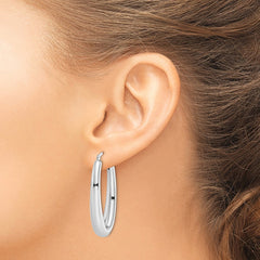 QE8278 Sterling Silver Rhodium-plated Polished Hollow Oval Hoop Earrings
