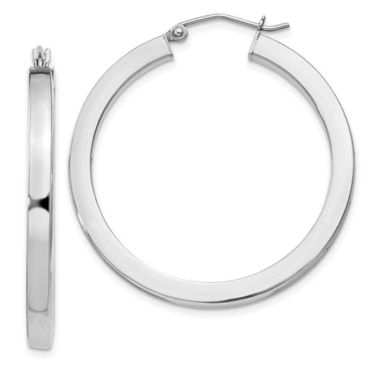QE827 Sterling Silver Rhodium-plated 3x35mm Square Tube Hoop Earrings