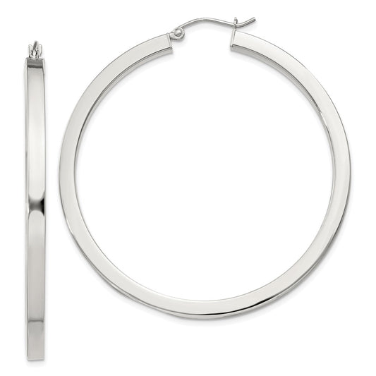 QE828SP Sterling Silver 3x50mm Square Tube Hoop Earrings