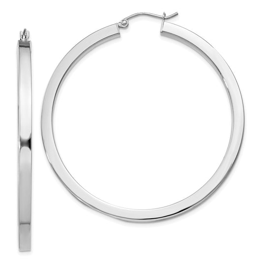 QE828 Sterling Silver Rhodium-plated 3x50mm Square Tube Hoop Earrings