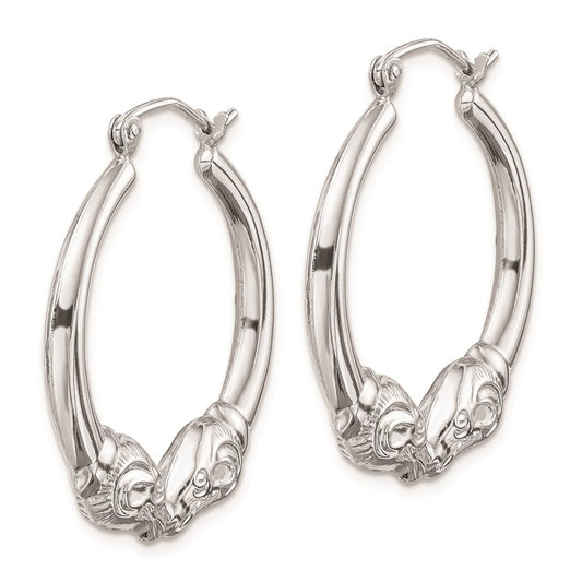 QE8331 Sterling Silver Rhod-plated Textured Ram Head Round Hoop Earrings
