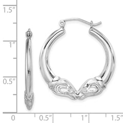 QE8331 Sterling Silver Rhod-plated Textured Ram Head Round Hoop Earrings