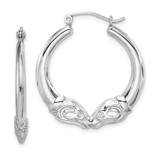 QE8331 Sterling Silver Rhod-plated Textured Ram Head Round Hoop Earrings