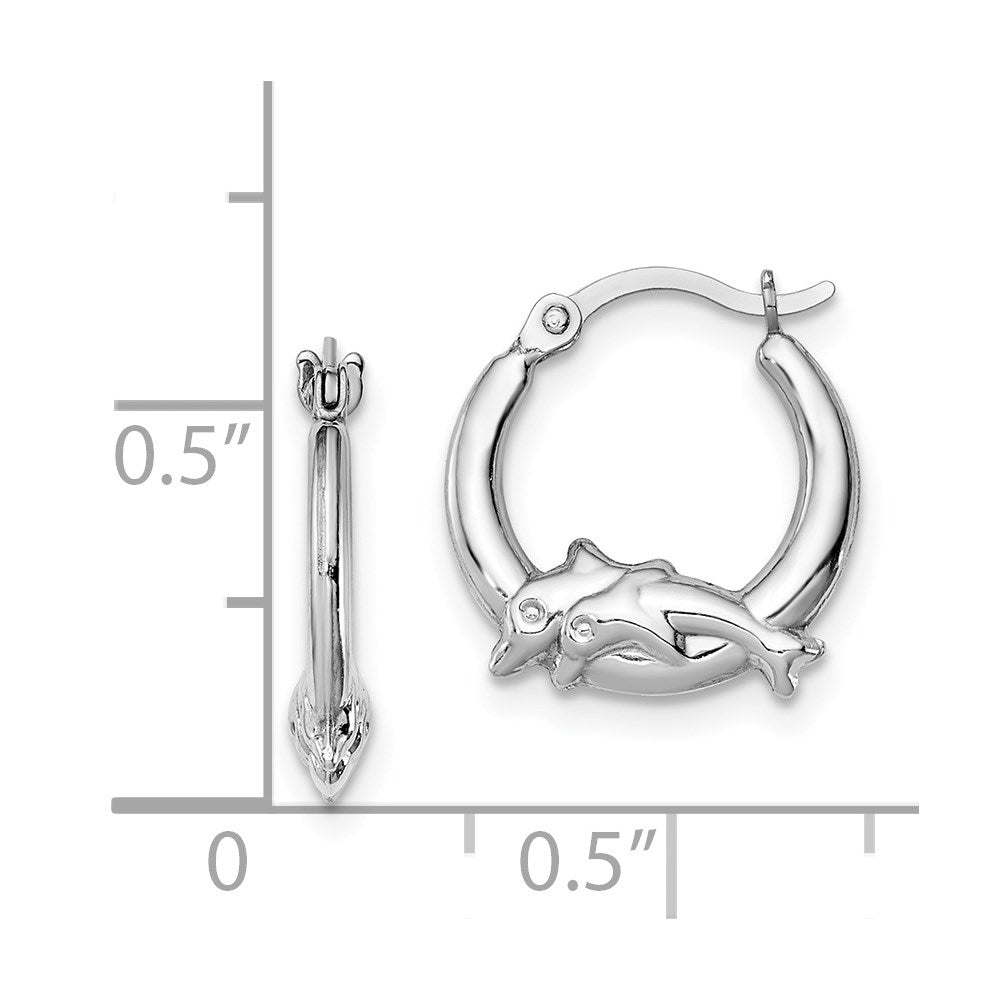 QE8333 Sterling Silver Rhodium-plated Polished Dolphin Round Hoop Earrings