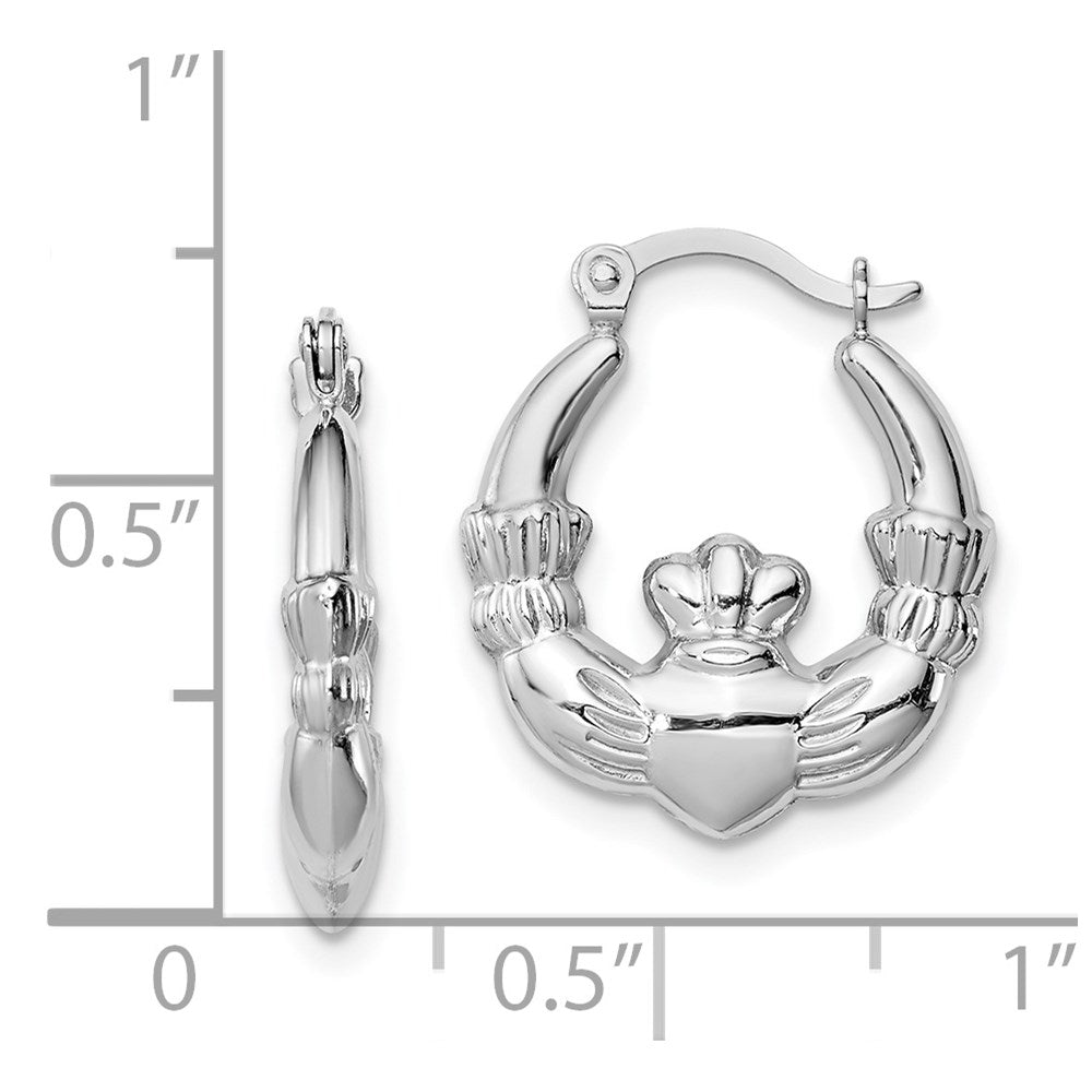 QE8334 Sterling Silver Rhodium-lated Claddagh Hollow Round Hoop Earrings