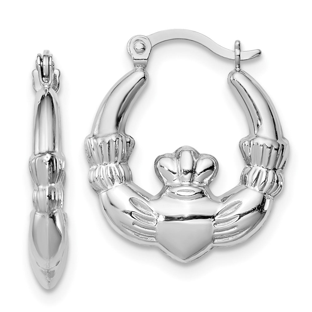 QE8334 Sterling Silver Rhodium-lated Claddagh Hollow Round Hoop Earrings