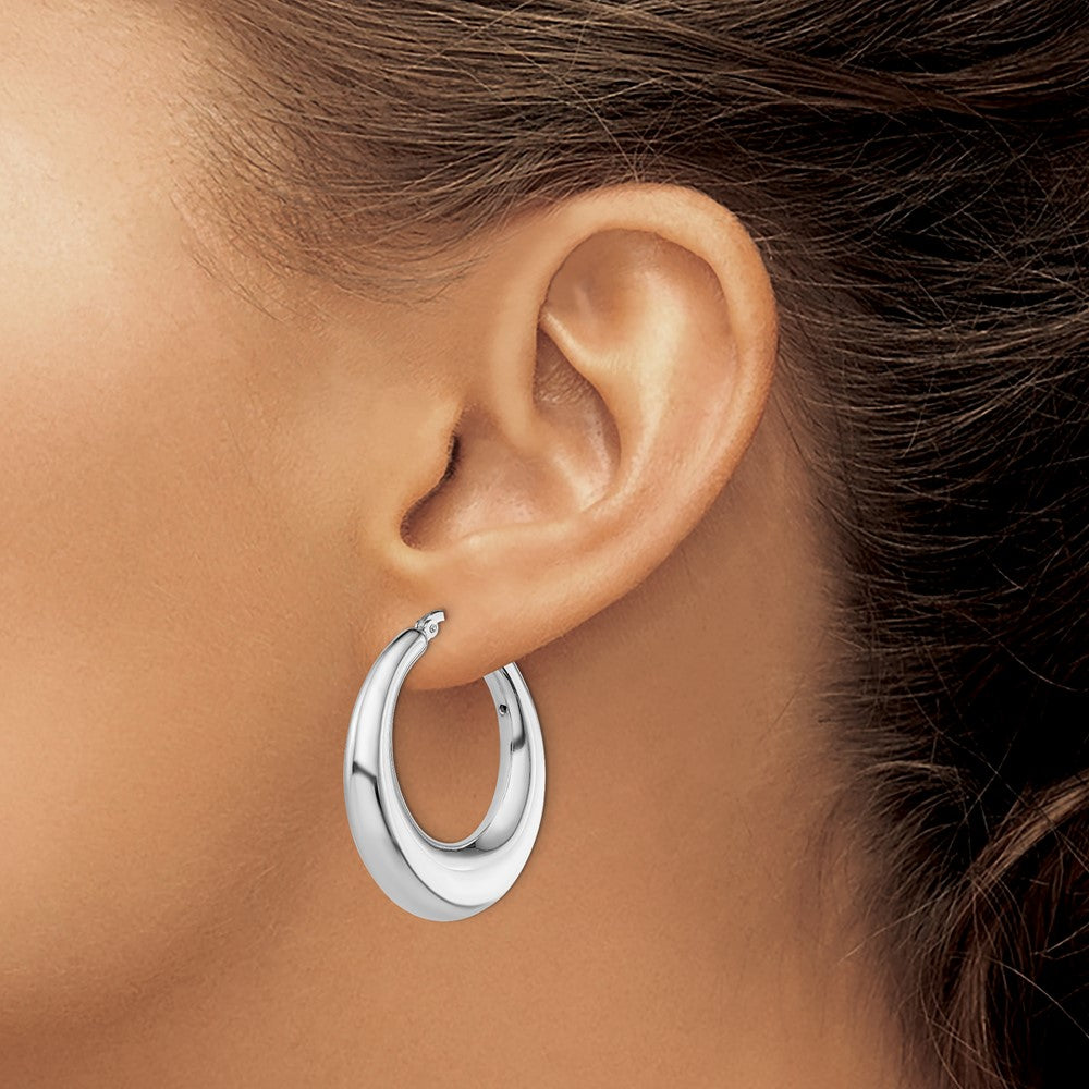 QE8339 Sterling Silver RH-plated Polished Tapered Hollow Round Hoop Earrings